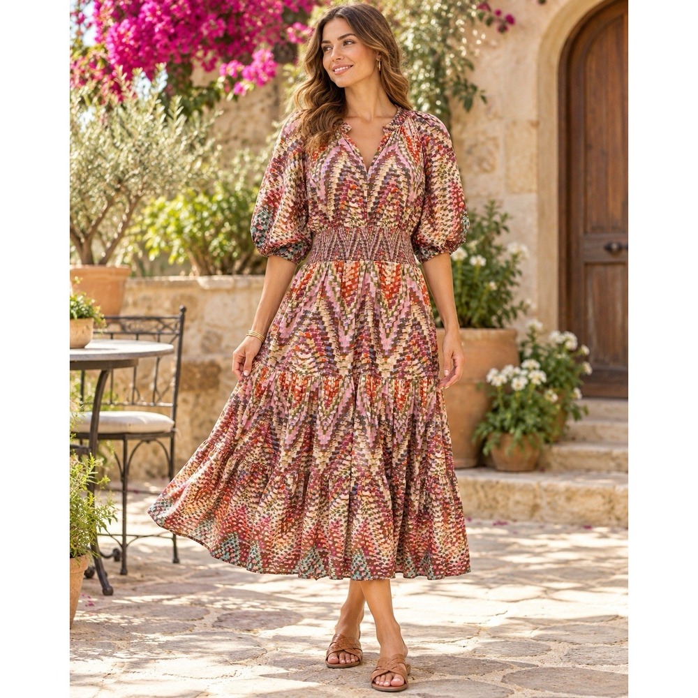 Anthropologie Conditions Apply Dress M Boho Floral Midi Smocked Waist Puff Sleev